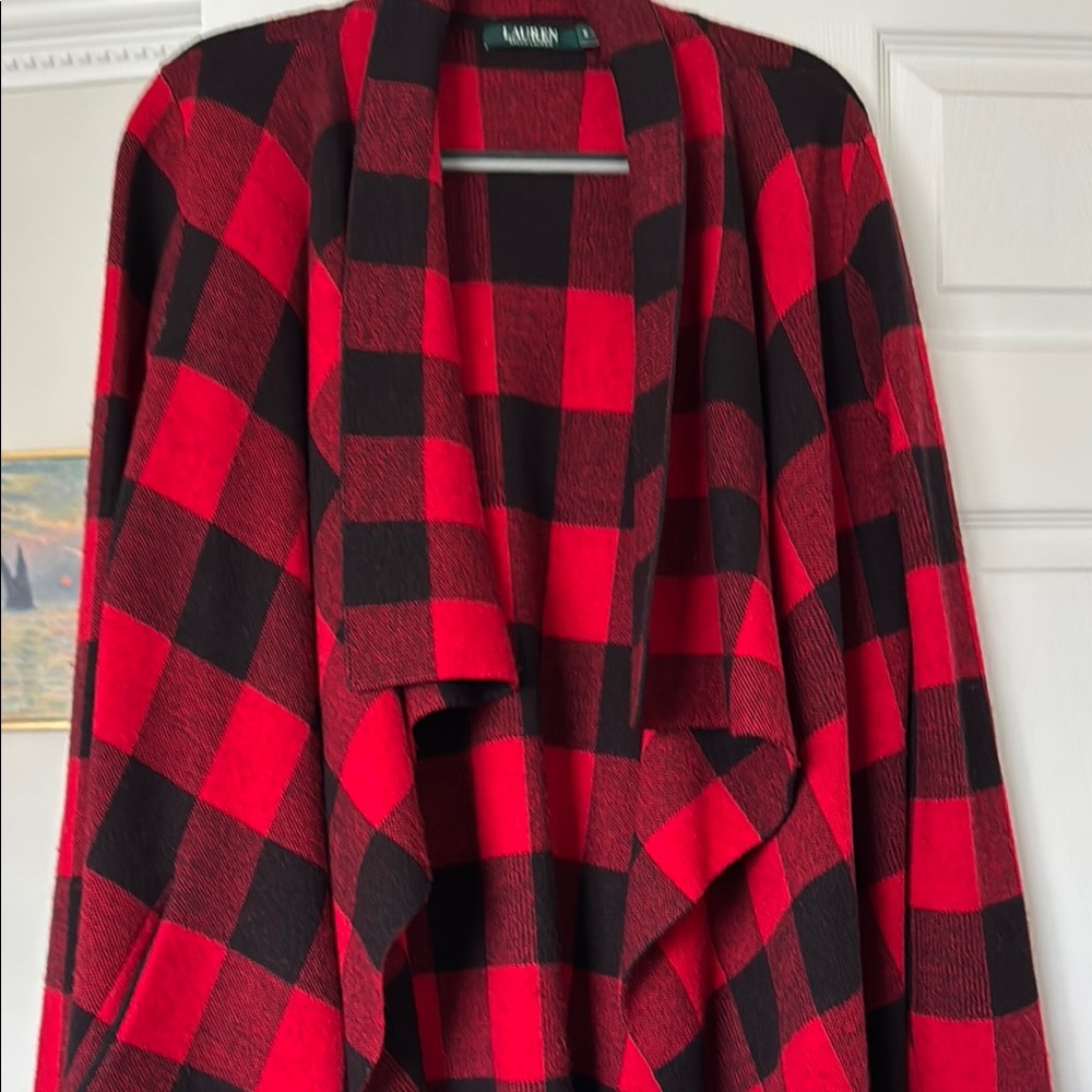 Lauren Ralph Lauren Red and Black Plaid Open Front Cardigan